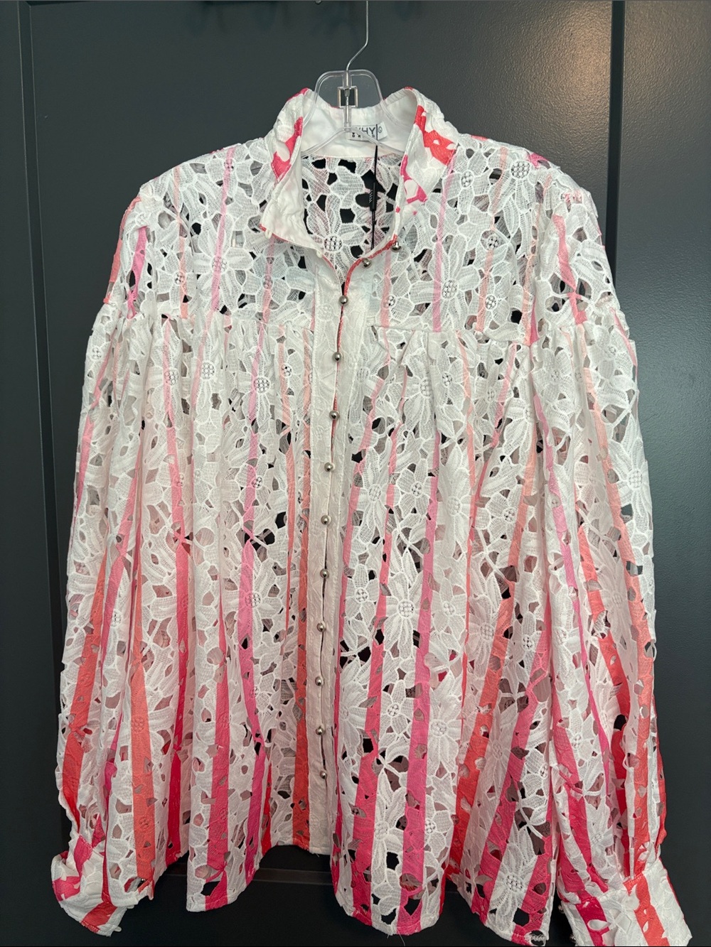 Why Dress White Lace Button-Down Shirt with Pink and Coral Stripes